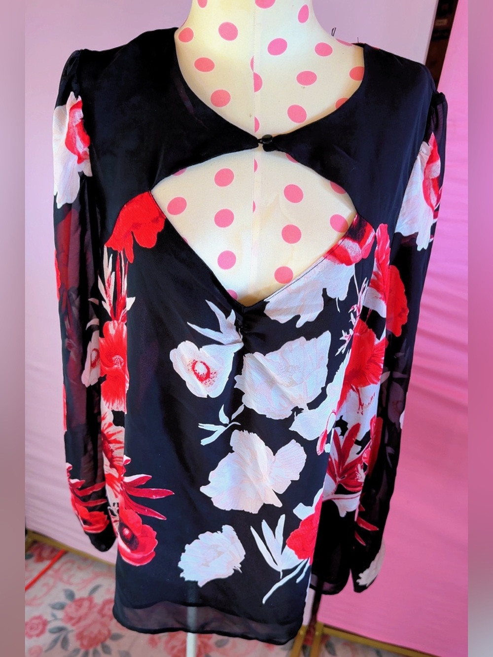 New York & Company Black Chemise with Red and White Floral Print